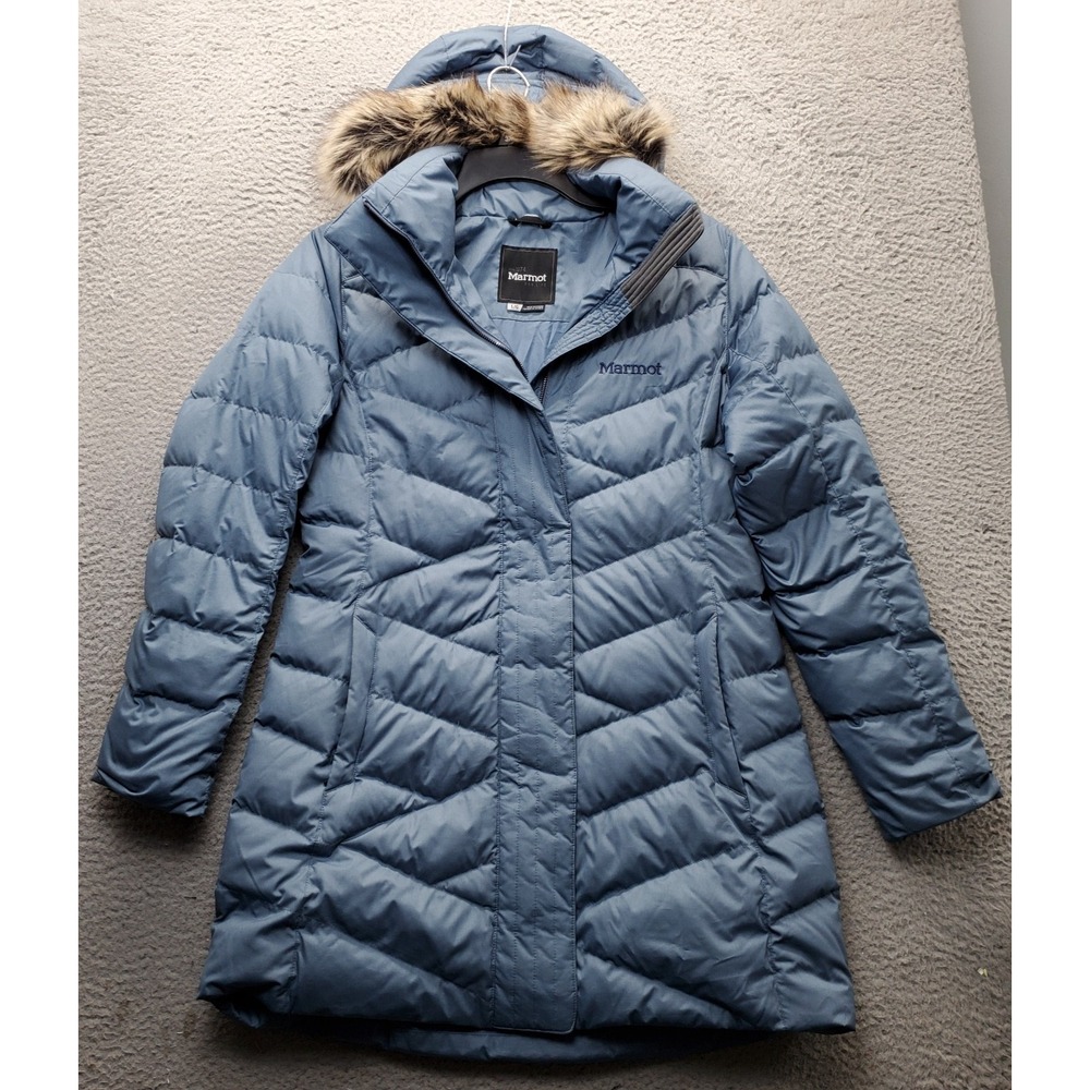 Marmot Strollbridge Parka Jacket Womens L Blue 700 Fill Down Faux Fur Hood EUC